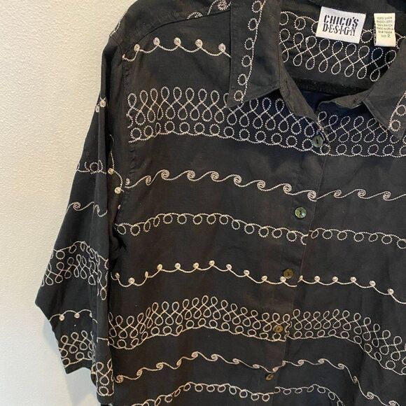 Chico's Design 100% Linen Black Boho Breezy Embroidery Button Up Shirt, Large - Picture 4 of 9